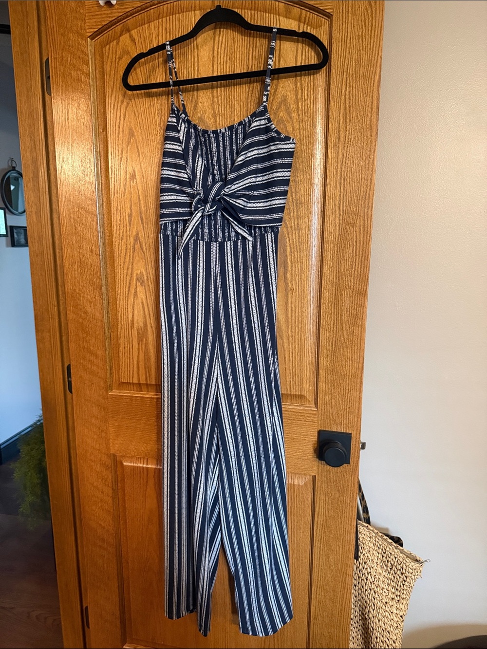 Striped Navy Blue & White Tie-Front Jumpsuit